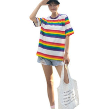 Streetwear Rainbow Color Stripes Women T-shirt Casual Summer Half Sleeve Loose Rainbow Striped T Shirt Tee Top