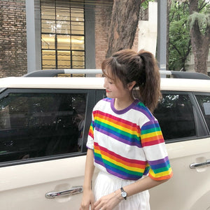 Streetwear Rainbow Color Stripes Women T-shirt Casual Summer Half Sleeve Loose Rainbow Striped T Shirt Tee Top