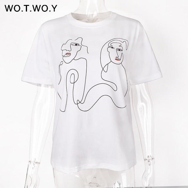 WOTWOY Abstract Couple Summer T Shirt Women 2018 Casual Print Tops Women Loose Short Sleeve Cotton Tshirt Female Harajuku White