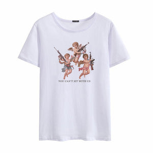 You Cant Sit with Us Three Angels Summer Women's Fashion Large Size Loose Harajuku Casual Fun T-Shirt Cartoon Letter Print tops