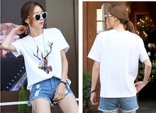Women's white short-sleeved printed t-shirt O-Neck cotton