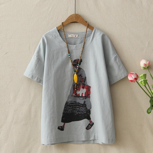 Summer Woman Cotton T-shirt Loose Casual Round Neck Short Sleeve Character Printed Tops Female Comfort Linen Tee Shirts Femme