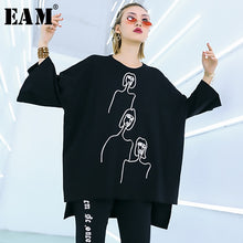 [EAM] 2019 New Spring Summer Round Neck Three-quarter Sleeve Big Size Pattern Printed Loose T-shirt Women Fashion Tide JQ188