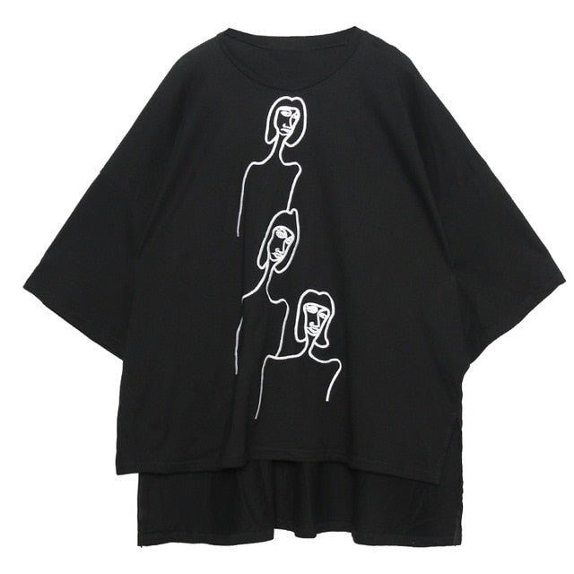 [EAM] 2019 New Spring Summer Round Neck Three-quarter Sleeve Big Size Pattern Printed Loose T-shirt Women Fashion Tide JQ188